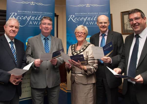Pictured at the launch of Councils Recognition Awards are (from left)  Cllr James McClean, Ballymena Mayor Cllr Audrey Wales, Rodger McKnight (Acting Chief Executive of Ballymena Borough Council), Cllr Declan OLoan and Ald. James Henry.