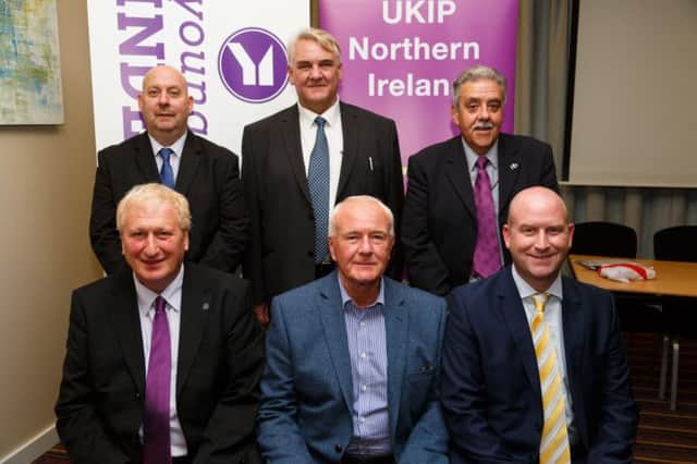 Councillor Noel Jordan (back left), from Carrickfergus, at the UKIP NI AGM on Thursday. INCT 37-793-CON