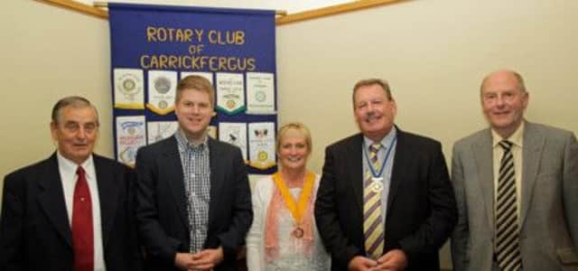 Peter Cardwell (2nd left) pictured with (from left) U3A guest David Nesbitt, Carrickfergus  Rotary president elect Brenda Houston, Rotary secretary Michael McCune and honorary member Rodney Lurring. INCT 37-799-CON