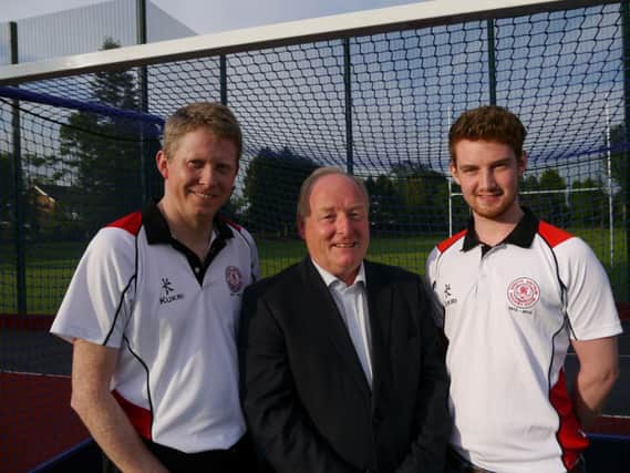 South Antrim Chairman Andrew Brown and Club Captain Lee Marshall, alongside new 1st XI Coach Drew Campbell.
