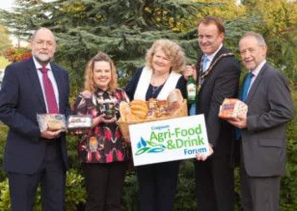 At the launch of the Craigavon Agri-Food and Drink Forum are Neil Irwin, Co-founder of Irwins Bakery, Dawn Cann of Avondale Foods, Michelle Shirlow, CEO of Food NI, Mayor of Craigavon, Cllr. Colin McCusker, and Brian Irwin, Co-founder of Irwins Bakery