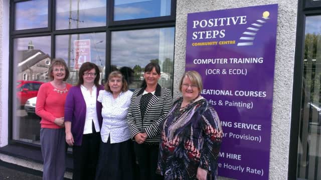 Members of the Positive Steps team L-R: Marie McKee, Chairperson, Elaine Devlin, Project Officer, Gwen Mullan, Vice Chair, Jean Donaghy, Treasurer and Mary Hogg, Centre Manager.