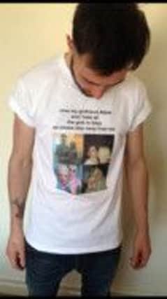 Abbie Bartlett put this picture on Facebook of her boyfriend Leon Connolly wearing the t-shirt she made. The top had a montage of pictures of them together and the words I love my girlfriend Abbie, I hate the girls in Ibiza, so please stay away from me printed on. inbm38-14s