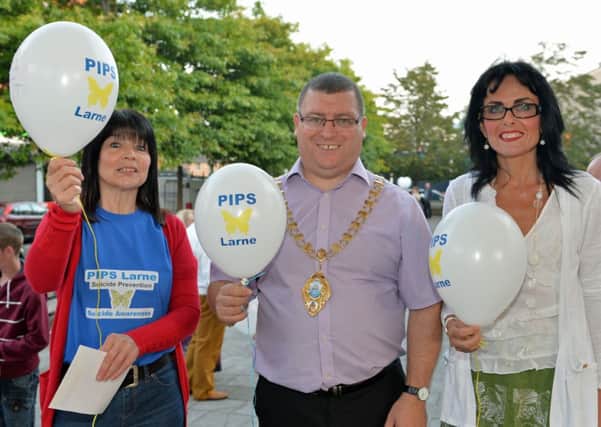 Speakers at the World Suicide Prevention Day event Carlee Letson and Gillian Leitch-Armstrong from PIPS Larne and Mayor of Larne, Martin Wilson. INLT 39-003-PSB