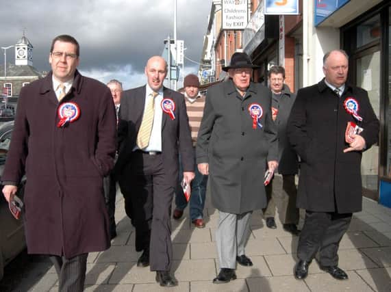 DUP party leader Ian Paisley who joined Upper Bann candidates Stephen Moutray, Junior McCrum and David Simpson on the election trail in Banbridge.