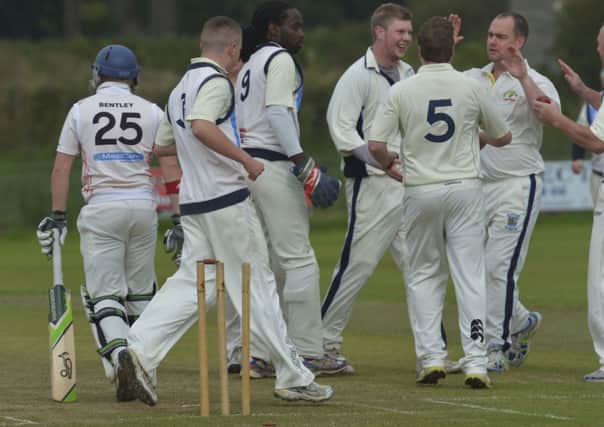 The Ardmore players celebrate after taking the wicket of Strabane opener Matthew Bentley. INLS3714-133KM