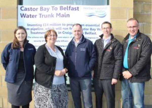 Dolores Kelly MLA called in to the Castor Bay project office to thank the team for diverting the pipeline route. Pictured are: (L-R) Kirsty Kerr Capita, Dolores Kelly MLA, Martin Gillen NI Water, Sean McGlinchey and Paddy McAllister of Lagan Construction.