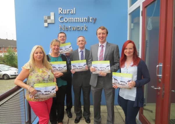 At the launch of the Progress report are (from left) Patricia McQuillan, Rural Residents Forum, Kate Clifford, Rural Community Network, Cameron Watt, NIFHA, Stephen Fisher, Rural Housing Association, Tim Gilpin, Housing Executive, and Orla McCann, Supporting Communities NI .