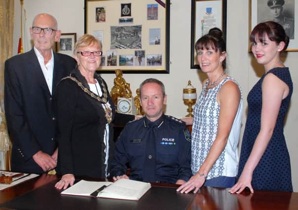 Ballymena Mayor Audrey Wales, MBE; photographed last week with South Australia Police officer Billy Thompson with his wife Allison and daughter Holly who used to live in Broughshane. Included is Chris Wales. INBT 38-808H