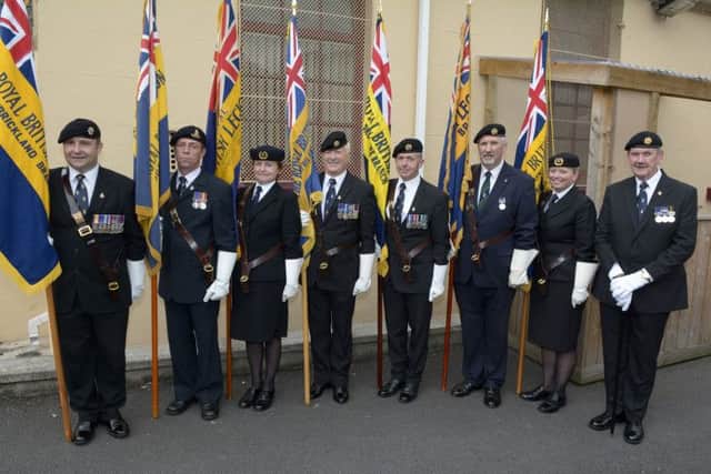 Parade Commander Alan McKee pictured with the Royal British Legion Standard Bearers from Loughbrickland, Gilford, Dromore Womens Section, Rathfriland, Dromore, Banbridge and  Banbridge Womens Section © Edward Byrne Photography INBL1437-259EB
