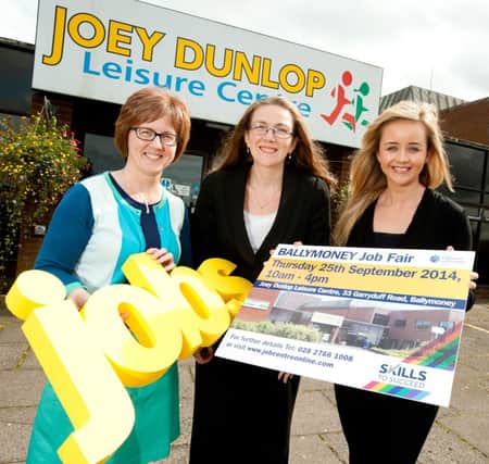 Ballymoney to host first major Jobs Fair 
Ballymoney is to play host to its first major Jobs Fair and Advice Forum on Thursday 25 September 2014. Pictured are Dianne McAuley, McAuley Engineering, DEL Employer Contact Manager Donna Atkinson and Janine Brolley, McAuley Engineering. inbm39-14s