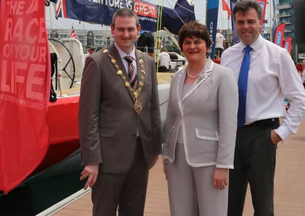 Former Mayor of Derry, Cllr Martin Reilly; Enterprise Minister Arlene Foster and Alastair Hamilton, Chief Executive, Invest Northern Ireland.