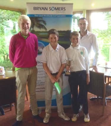 Pictured (L-R): Third place golfer Kyle Patton of Lisburn Golf Club, second place golfer John OSullivan of Malone Golf Club, winner Jordan Fletcher of Rockmount Golf Club, Gary Boyd, General Manager, Bryan Somers Travel.