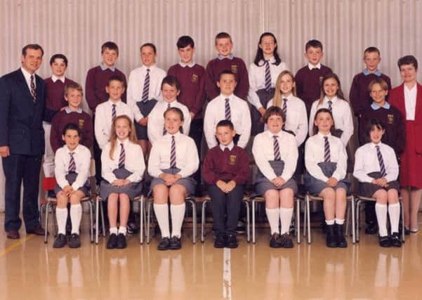 Jolene Heath, middle row, fourth from right, and Delwyn Smith, back row, fifth from left, pictured with Mrs Anderson's P7 class at Ashlea in 1997. Also pictured is Principal William McElhinney.
