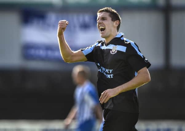 Gary Thompson celebrates after opening the scoring for Ballymena United in today's game at Coleraine. Picture: Press Eye.
