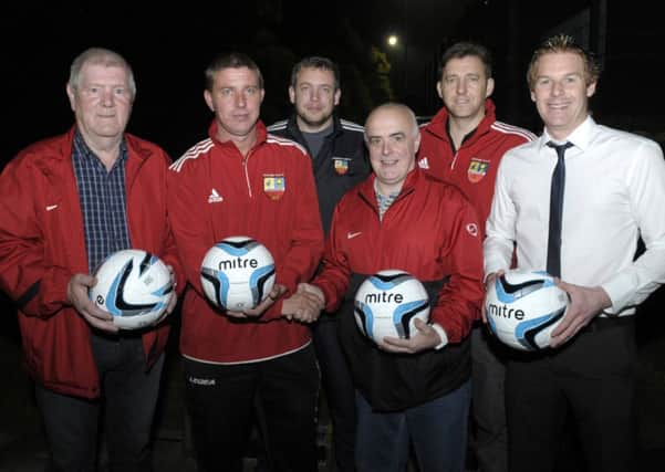 Banbridge Town Supporters Club presented match ball to Banbridge Town AFC and Banbridge Town AFC Reserves included are Dan Buchannan Banbridge Town Supporters Transport Officer, Anthony Blackburn Banbridge Town AFC, Stephen Magill Banbridge Town FC Secretary, Terry Sweeney Banbridge Town Supporters Club Vice Chair, Christian Beattie Banbridge Town AFC and Gary Spiers Banbridge Town AFC Reserves © Paul Byrne Photography INBL1438-276PB