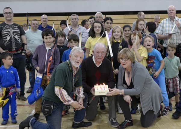 Ballyvally  Archery Club paid tribute to their most senior member, Mervyn Bicker who celebrated his 90th birthday © Edward Byrne Photography INBL1438-239EB