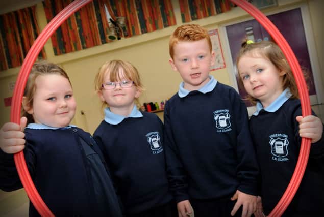 Tobermore Primary School Primary One class. They are Lily Brown, Lucy Linton, Charlie Campbell and Kelsey Goodwin.