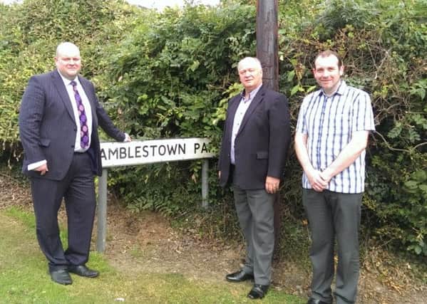 Upper Bann MP David Simpson (centre) at Gamblestown with Dromore Councillor Paul Rankin (right) and Donacloney Councillor  Mark Baxter.