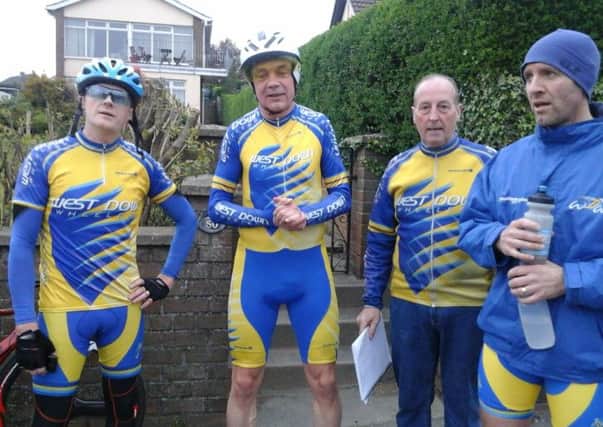 From left to right: Geoff Tate, John Clyde, Billy Maxwell West Down Wheelers chairman and Mark Alexander have a chat after a recent race.