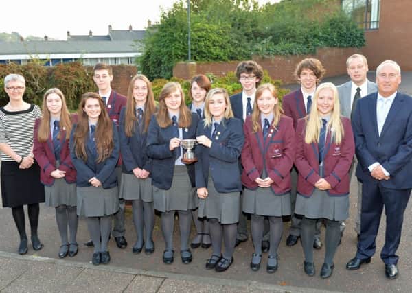 Larne Grammar School students who won the Robert Irwin Prize are pictured with Professor Jayne Woodside, Mr Logan and principal, Mr Wylie on their prize night. INLT 40-012-PSB