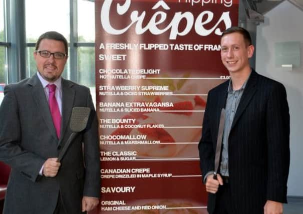 Alan Hamilton from Carrickfergus Enterprise and Daryl Crothers from Flipping Crepes. INCT 27-161-GR