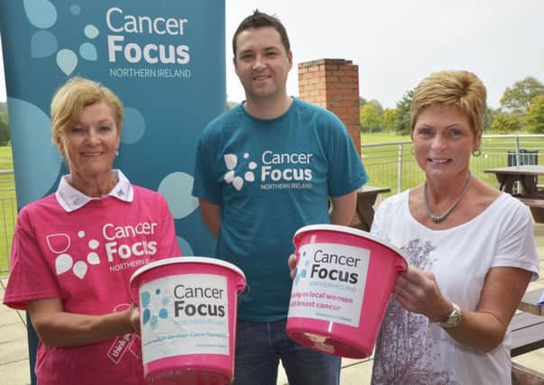 Gareth McElduff, community fundraiser for Cancer Focus Northern Ireland, pictured with Denise Callan, left, Lady Captain, and Avril Gallagher, Lady President, who are looking forward to the Pink Day Open Stableford at the Foyle Golf Centre on the 2nd of October in support of the charity. INLS3814-116KM