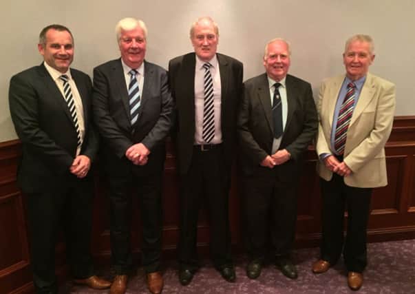 Former Ballymena United chairman Robert Cupples and vice-chairman Maurice Smyth were presented with life membership of the club at a function last week. Included are Glenn Ferguson (manager), John Taggart (chairman) and Don Stirling (vice-chairman).