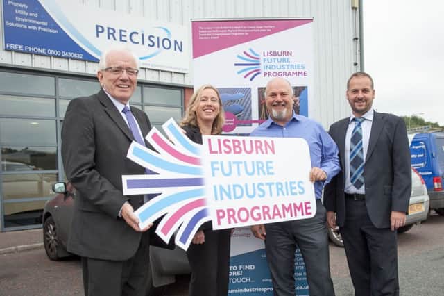 Pictured at the launch of Lisburn City Councils Innovative new Business Development Programme called Lisburn Future Industries are Chairman of Lisburn City Councils Economic Development Committee, Alderman Allan Ewart; Aisling Owens from Lisburn Enterprise Organisation; Alan Stringer from Precision Group and Dr. John Harrison from South West Colleges InnoTech Centre.