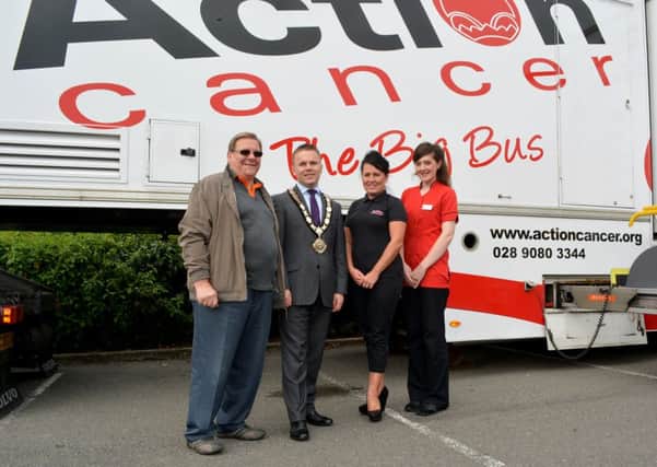 Billy Snoddy from Monkstown Boxing Club, Mayor of Newtownabbey Thomas Hogg with Sinead Devlin and Jamie Welsh from Action Cancer. INNT 37-120-GR