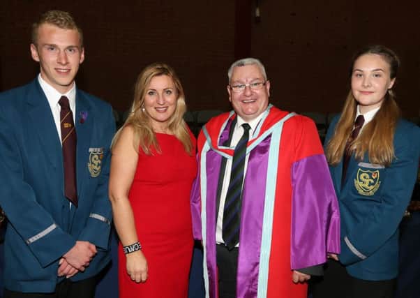 Guest of honour UTV presenter Lynda Bryans with school principal Dr McHugh,  Head Boy David Hamilton and Head Girl Niamh McGlade at the Slemish College prize night in the Seven Towers Leisure Centre. INBT 40-100JC