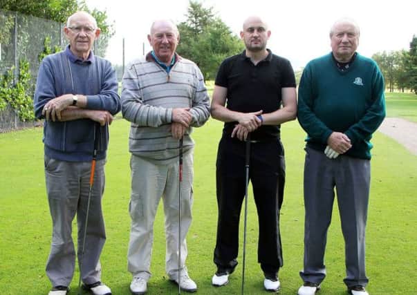 Gerry McCann, Tam Diamond, Peter McCann and Sammy Carleton ready to tee off at Ballymena Golf Club in the Jimmy Gribben Memorial event. INBT 37-912H