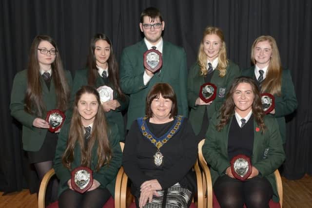 Banbridge District Council Chairman Cllr Marie Hamilton with New-Bridge Integrated College Top AS Level students Rebecca Cossar, Seaneen Warnock, Karen Johnston, Michaela Nash, Stefan O'Hare,Louise Bamber and Wendy Moorhead  © Edward Byrne Photography INBL1439-208EB