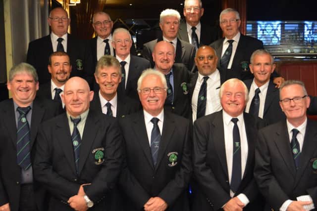Frank Gallagher (front row, centre, club captain) with Silverwood past captains at the anniversary function.INLM40-180