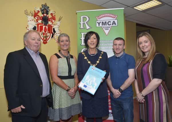 Pictured at the YMCA Building Respect Through Community Sport Conference in Magee College were, from left, William Lamrock, General Secretary of the Londonderry YMCA, Hannah Shields, speaker, the Mayor, Councillor Brenda Stevenson, Paddy Barnes, keynote speaker, and Dr. Lisa Bradley, speaker. INLS3914-152KM
