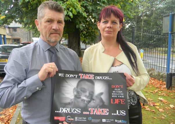 Derek Hussey, Chair of the Strabane PCSP, left, at the launch of the 'We dont take Drugs, Drugs take us.'