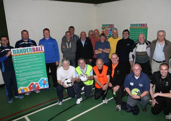 DANDERBALL. . . .Group pictured at the launch of Danderball at Templemore Sports Complex earlier this year. Included are John Paul Glenn, Active Communities Coach, Derry City Council, John Mahon, Community Support Services, Dessie Kyle, Hurt, Eugene Ferry, Time To Choose and referees Eddie McCallion and Sean Hargan. The event will take place every Wednesday at the Complex and everyone interested is invited to come along and join in. DER1914MC038