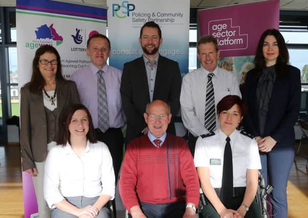 Attending last week's "Feel Safe and Sound" event in the Des Allen Suite were, Back, L-R, Karen Moore (Manager of Ballymena Policing & Community Safety Partnership), Tommy Moore ( VMF Facilitator), Eddie Lynch 9Age Sector Platform), PJ White ( former PSNI crime prevention officer), Barbara McAtamney 9Department of Justice). Front, L-R, Inspector Alison Ferguson (PSNI), Cllr Roy Gillespie (chairperson Ballymena Policing & Community Safety Partnership),  Deirdre McCloskey (Mid & East Antrim Age Well Partnership). INBT 41-100JC