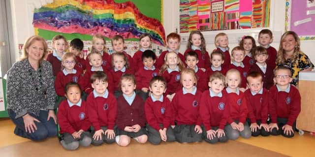 P1 pupils at Pond Park Primary School with Mrs Gillian Calligan and Mrs Ruth Carson.