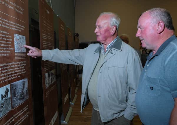 Raymond Cousley and William Jordan viewing the 'Boys from the Village' WW1 Exhibition held in Moneymore on Friday evening marking 100 years to the day that Leslie Bell and 22 other young men left Moneymore on 5th September 1914 to go to fight in WW1.