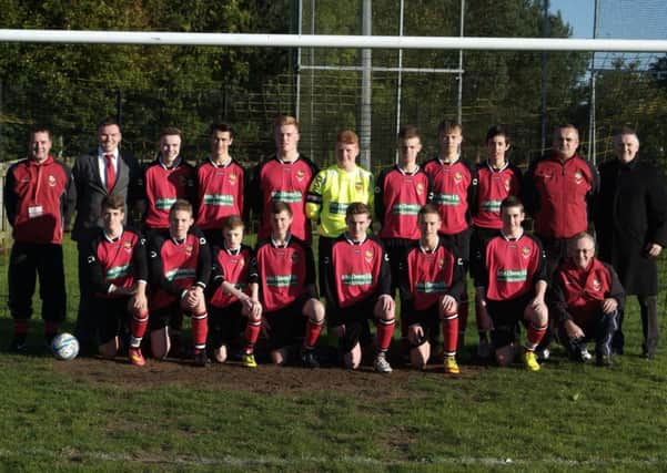 Banbridge Town Juniors Under-16s Lisburn League team pictured in their new kit kindly sponsored by Arthur Downey & Co Solicitors.
Included is back left, Martin Morgan coach, Freddie Scappaticci manager, Ken Hughes coach and Conleth Downey from Arthur Downey & Co Solicitors.