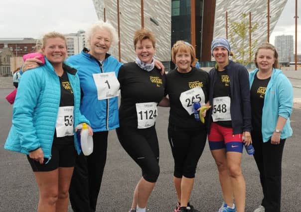 Dame Mary Peters pictured with Anne-Marie Bacon, Fiona Torrens, Sharon Kennedy, Amanda Deans and Wendy Mitchell at the Runher Titanic 10k at the Titanic Quarter, Belfast on Sunday 5th October.