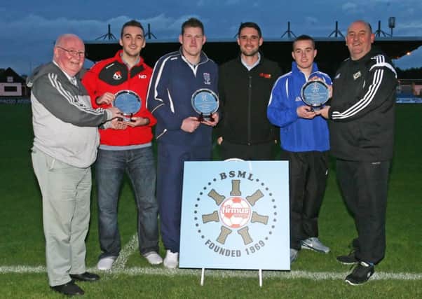 David Fusco of Firmus Energy, and Brian Montgomery and Davy King of the Saturday Morning League, are pictured presenting the BSML Player of the Month awards to Neil Davison (Woodside Divison 3), Kenny Wright (FC Penoral Division 1) and Brian Paul Donnolly (Glenravel FC Division 2). INBT41-204AC