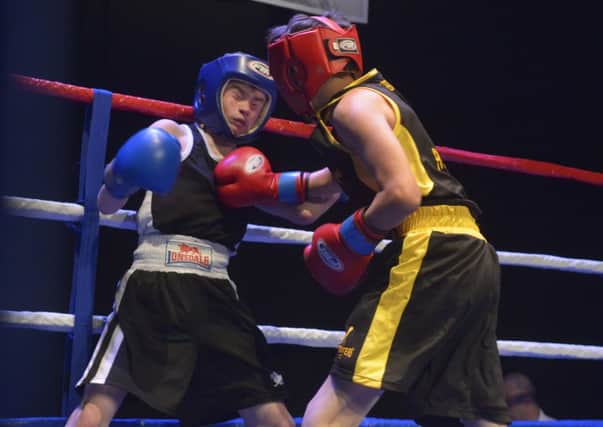 Marcus McCorkell, Rochesters ABC, forces Shane Murray, Eglinton ABC, back on to the ropes. INLS4014-139KM
