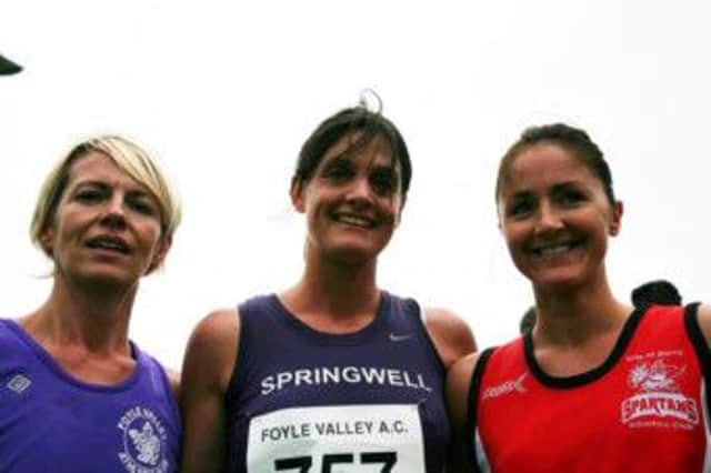 Martina McMullan (Foyle Valley AC) 2nd, Gemma Turley (Springwell Running Club) 1st and Catherine Whoriskey (City of Derry AC) 3rd at Marty's 5K Run. (s)