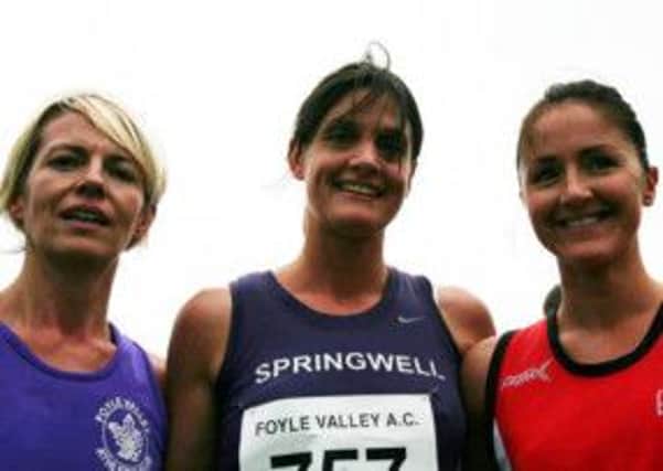 Martina McMullan (Foyle Valley AC) second, Gemma Turley (Springwell Running Club) first, and Catherine Whoriskey (City of Derry AC) third, pictured at Marty's 5K Run.