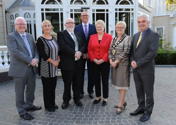 Pictured at the recent NISCC Post Qualifying Awards event in the Tullyglass Hotel Ballymena are: L-R: James Perry, Chair of NISCC; Christine Smyth, Deputy Chief Social Services Officer at DHSSPS; Joe Blake, Chair of NISCC PQ Partnership; Mark Bradley, &.Director of Registration and Corporate Services at NISCC; Patricia Higgins, Director of Regulation and Standards at NISCC;  Cllr Mrs Audrey Wales MBE; and Colum Conway NISCC Chief Executive.