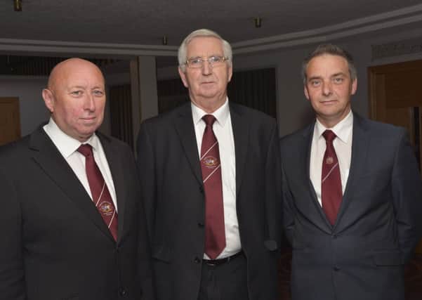 Jim Brownlee, left, Governor of the General Committee, pictured with William McClea and David Gardiner at the anniversary dinner held by Apprentice Boys of Derry Parent Club in the White Horse Hotel. INLS4014-150KM
