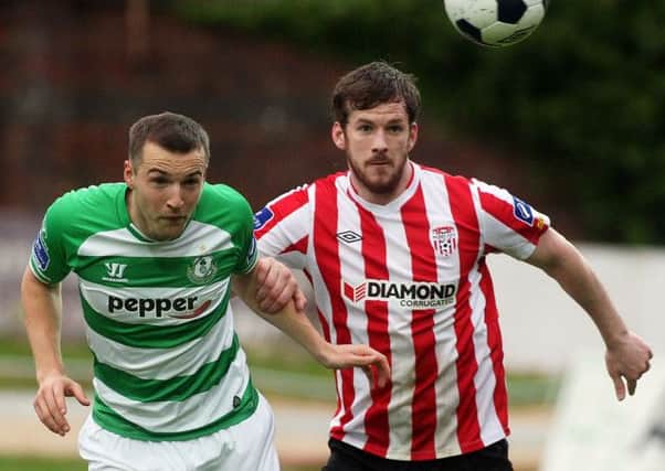 Derry City defender Ryan McBride is struggling to face Shamrock Rovers striker Karl Sheppard tomorrow night because of a hamstring problem. Picture by Lorcan Doherty/Presseye.com