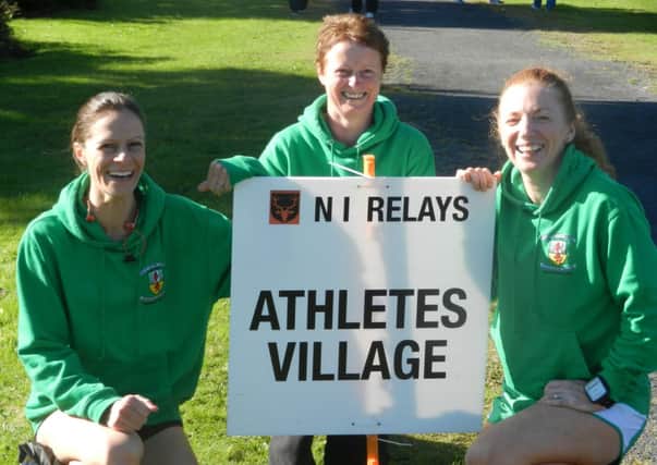 Helen Collins, Irene Downey and Christine Murray at home in the Athletes' Village at the NI and Ulster Road Relay Championships. INLT 41-922-CON